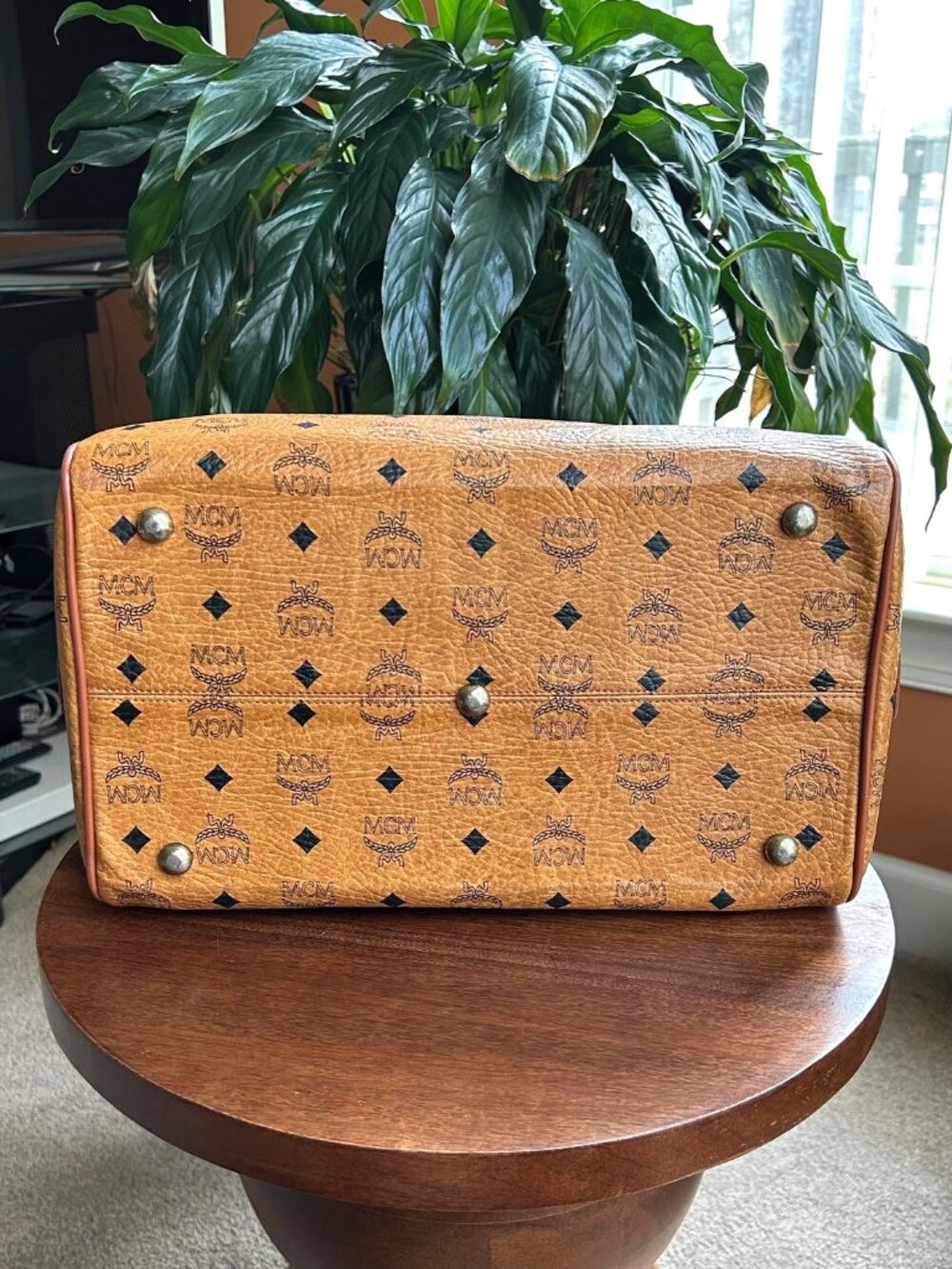 MCM Monogram Visetos Boston Bag, Cognac Tan 👜 - Picture 7 of 13